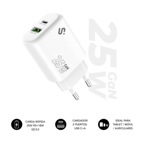 Carregador de parede Subblim GaN 25W - USB-C + USB-A - Carregamento rápido - Branco - Subblim SUBCHG-6G2510