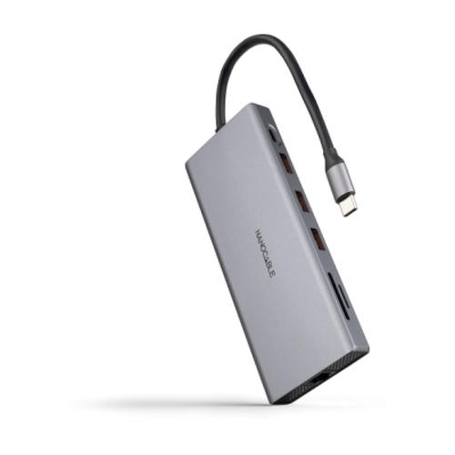 Concentrador USB-C 12 em 1 Nanocable - USB-C 3.1 para 3 x USB-A 3.2 + 3 x USB-C 3.2 + USB-C PD 100W + 2 x HDMI 4K@60Hz + DP 4K@60Hz + RJ45 + TF + SD + Tomada de áudio 3.5 - Alumínio - 18cm - Cor cinzenta - Nanocable 10.16.4612