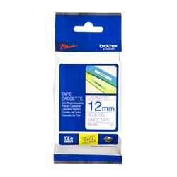 Fita laminada. Texto azul sobre fundo branco. Largura: 12 mm. Comprimento: 8 m - Brother TZe233