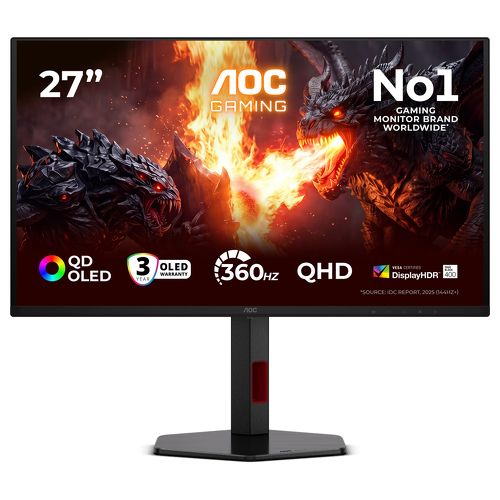 AOC Monitor OLED QHD de 27" (26,5), 0,03 ms, 360 Hz, HDMI, DP, USB, rotação, Q27G4SDR - AOC Q27G4SDR