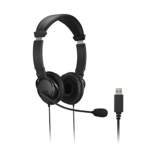 Auricular USB Kensington com microfone - Banda para a cabeça ajustável - Almofadas para os ouvidos almofadadas - Controlos no cabo - Cabo de 1,80 m - Preto - Kensington K33065WWWWWW