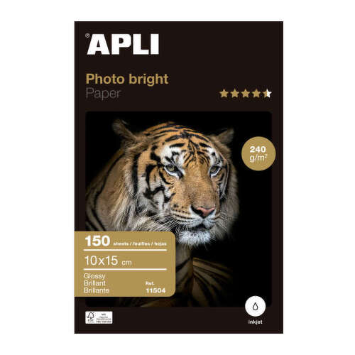 Apli Pack de 150 Hojas de Papel Fotografico Photobright 10x15cm 240g - Acabado Brillante - Apto para Uso en Impresoras Inkjet - APLI 11504