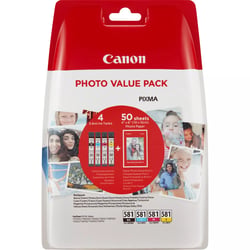 Canon CLI581 Pack de 4 Cartuchos de Tinta Originales - 50 Hojas de Papel Fotografico - 2106C005/2106C006 - Canon 2106C006