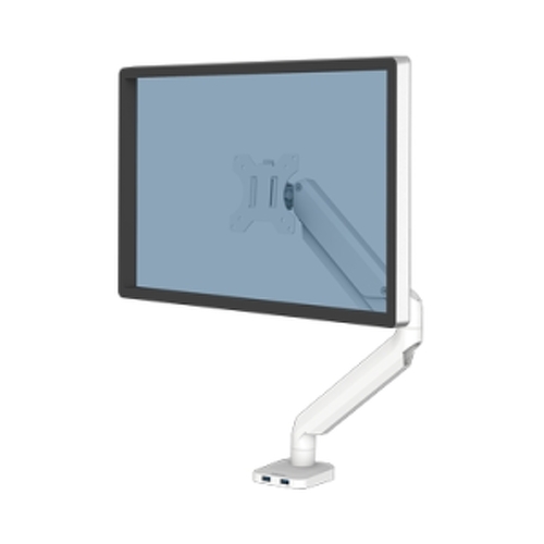 Braço para monitor único Fellowes Platinum Series - Ajustável a gás - 2 portas USB - Sistema de gestão de cabos - Branco - Fellowes 8056201