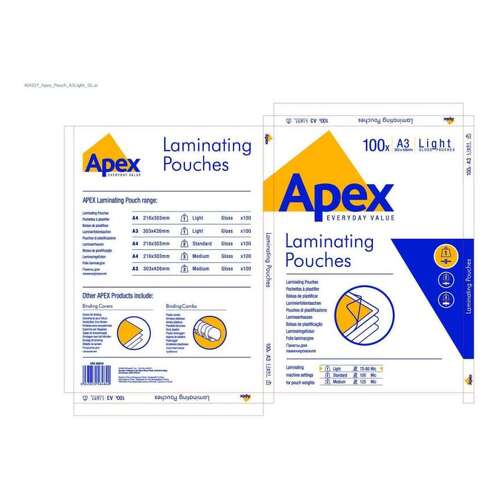 Fellowes Apex Embalagem de 100 lâminas de plastificação brilhantes A3 - 75 microns - Alta qualidade - Transparente - Fellowes 6001901