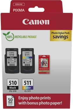 Canon PG-510/CL-511 Multipack de 2 Cartuchos de Tinta Originales + 50 Hojas de Papel Fotografico - 2970B017 - Canon 2970B017
