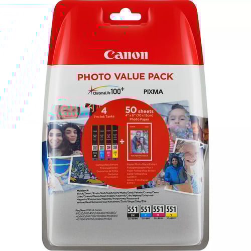 Canon CLI551 Pacote com 4 cartuchos de tinta originais - 50 folhas de papel fotográfico - 6508B005 - Canon 6508B005