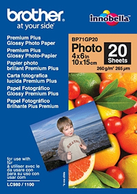 Papel "Glossy" 10x15. 20 folhas. p/ 130/ 145/ 330/ 350/ 240/ 440/ 465/ 540/ 560/ 660/ 750/ 770/ 3360/ 5460/ 845/ 885 - Brother BP71GP20