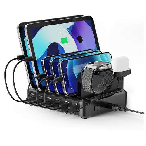 Estação de Carregamento 6 portas USB, 130W para Portáteis, Tablets/Smartphones e suporte para SmartWatch e EarPhone - Ewent EW1335