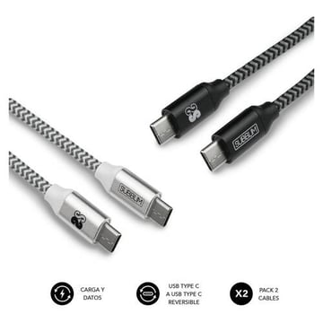 Conjunto de cabos Subblim USB C para USB C - 1m - Carregamento rápido até 5V&#47;30A - Sincronização de dados até 5Gbps - Fibra de nylon resistente - Duplo fio para proteção extra - Conectores de alumínio reversíveis - Preto&#47;Cinza - Subblim 234032