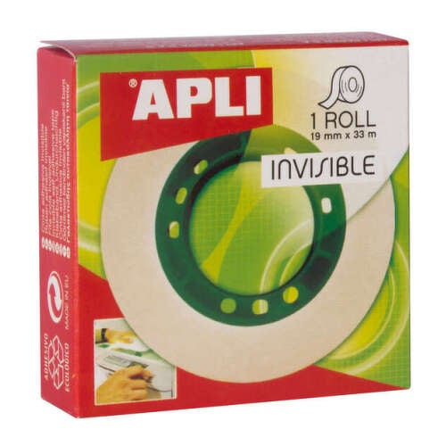 Apli Cinta Adhesiva Invisible 19mm x 33m - Facil de Cortar - Resistente - Ideal para Uso en Oficina - Transparente - APLI 11036