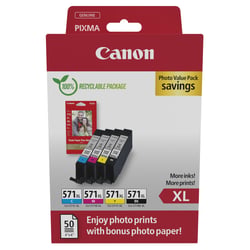 CLI-571XL BK/C/M/Y PHOTO VALUE - 4x6 Photo Paper (PP-201 50sheets) + Cyan XL, Magenta XL, Yellow XL, & Photo Black XL ink tanks - Canon 0332C006