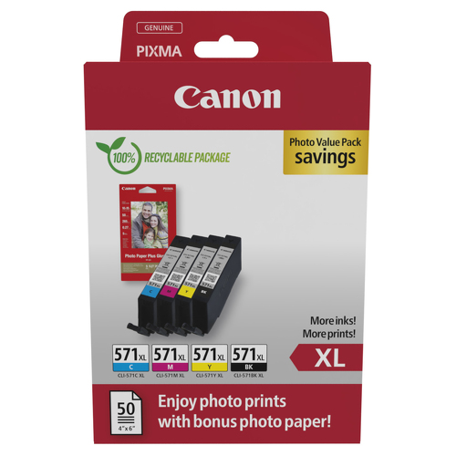 CLI-571XL BK/C/M/Y PHOTO VALUE - 4x6 Photo Paper (PP-201 50sheets) + Cyan XL, Magenta XL, Yellow XL, & Photo Black XL ink tanks - Canon 0332C006