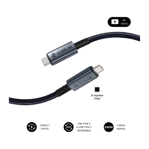 Cabo Subblim High USB-C - 240W - Trançado em nylon - 40Gbps - Chip E-Marker - 1,5 metros - Preto - Cor preta - Subblim SUBCAB-C24010