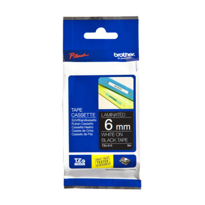 Fita laminada. Texto branco sobre fundo preto. Largura: 6 mm. Comprimento: 8 m - Brother TZe315