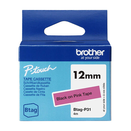Fita Btag-P31, 12mm, preto sobre rosa - Brother BTAG-P31