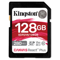KINGSTON 128GB Canvas React Plus SDXC UHS-II 280R/100W U3 V60 for Full HD/4K - Kingston SDR2V6/128GB