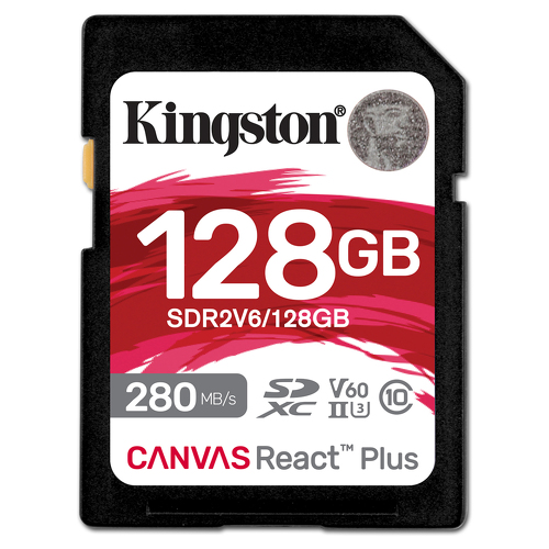 KINGSTON 128GB Canvas React Plus SDXC UHS-II 280R/100W U3 V60 for Full HD/4K - Kingston SDR2V6/128GB