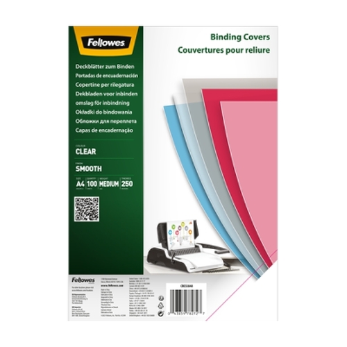 Fellowes Embalagem de 100 capas de documentos A4 em polietileno transparente - 250 mícrones de espessura - Ideal para encadernação em espiral ou em pente - Fellowes 5384801