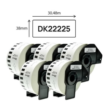 Pack 5 Etiquetas Compativeis, Brother DK22225 38mm x 30.48m Rolo Branco
