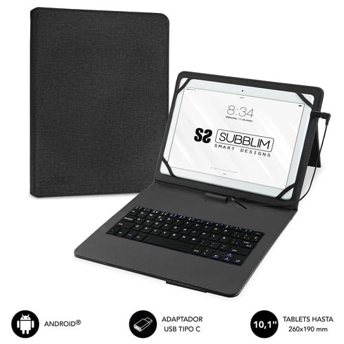 Subblim Keytab Pro USB - Teclado com tampa universal para tablet - Conforto e flexibilidade ao escrever - Ângulo ideal para escrever ou ver vídeos - Suporte magnético - Preto - Subblim 234102