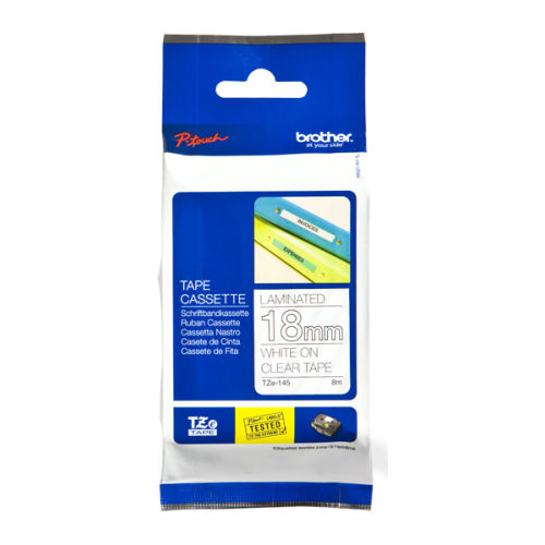 Fita laminada. Texto branco sobre fundo transparente. Largura: 18 mm. Comprimento: 8 m - Brother TZe145