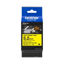 Fita tubo termo retrátil para cabos. Texto preto sobre fundo amarelo. Largura: 5,2mm. Comprimento: 1,5m. Cabo recomendado: Ø 0,8mm a 3,1mm - Brother HSE611E