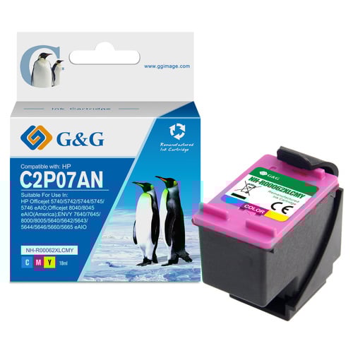 G&G HP 62XL Cartucho de tinta remanufacturada a cores - Substitui C2P06AE/C2P07AE - GG GG-62XLCMY