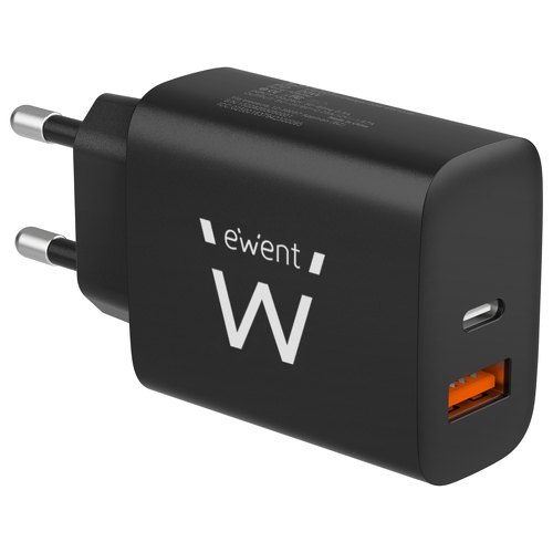 EWENT CARREGADOR FAST USB-C E USB QC3 20W BLACK - Ewent EW1319