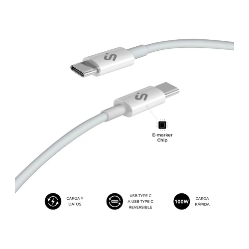 Cabo Subblim Plus USB-C - 100W - Trançado em nylon - 480Mbps - Chip E-Marker - 1 metro - Cor branca - Subblim SUBCAB-C10010