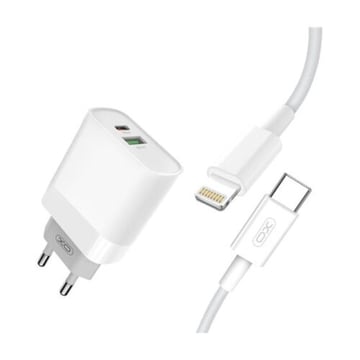 Pack carregador de corrente XO L64 1x USB-A, 1x USB-C 18W Fast Charge 3.0 + Cabo USB-C para Lightning 1m - XO 169936