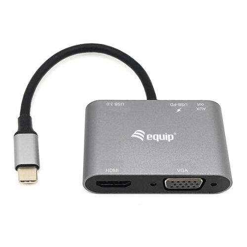 Adaptador multifuncional 5 em 1 USB-C Equip com 1x USB-A 3.0, 1x USB-C PD, 1x HDMI, 1x RJ45, 1x AUX - Caixa de alumínio - Comprimento do cabo 0,15 m - Equip 133483