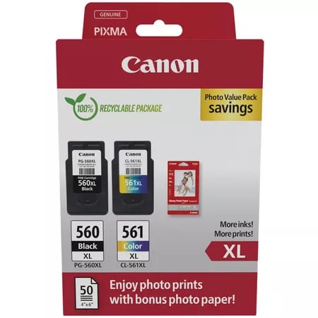 Canon Ecopack PG560XL Negro + CL561XL Color Pack de 2 Cartuchos de Tinta Originales - 50 Hojas de Papel Fotografico - 3712C008 - Canon 3712C008