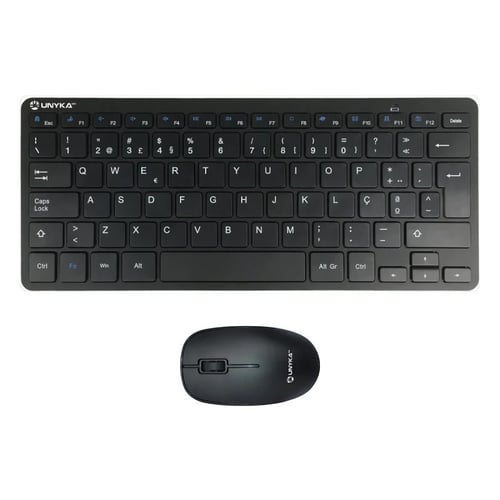 Unykach MK288 Pro Mini Keyboard Pack 79 teclas sem fios + rato 1200ppp, sem fios, 3 botões, utilização ambidestra - Língua portuguesa - Preto - Unykach 241482