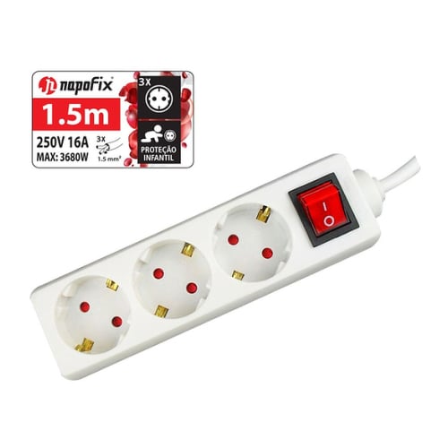 NAPOFIX EXTENSAO ELETRICA 3 TOMADAS 1.5M 3680W 16A 250V BRANCO - Napofix EXT3INT/15B