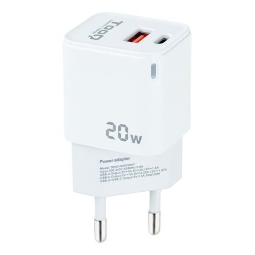 Carregador de parede Tooq USB-C/PD + USB-A/QC 20W - Branco - Tooq 198166