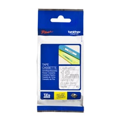 Fita laminada. Texto branco sobre fundo transparente. Largura: 12 mm. Comprimento: 8 m - Brother TZe135