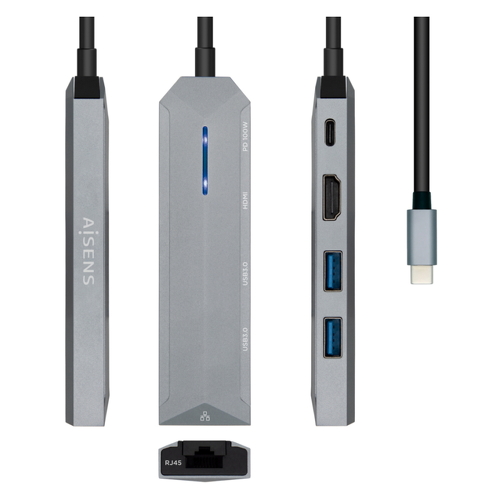 Estação de ancoragem USB-C 5 em 1 da Aisens - USB-C para 1xHDMI - 1xRJ45 - 2xUSB - 1xPD - 15 cm - Zincado - Aisens ASUC-5P003-GR