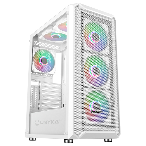 Caixa Unykach Armor 3Gen White ATX, Micro ATX, ITX - Lado de vidro temperado - USB-A 3.0, USB-C e áudio - 4 ventoinhas ARGB de 120 mm instaladas - Suporta arrefecimento líquido - Unykach 235227