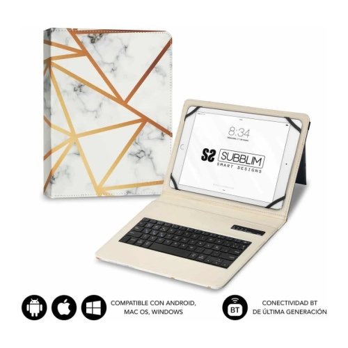 Estojo universal Subblim Keytab Pro Bluetooth 9-10,1" - Design ultrafino - Suporte ajustável - Sistema magnético - Robusto e adaptável - Sem fios - Bluetooth - Cor mármore branco - Subblim SUBKT5-BTTW10