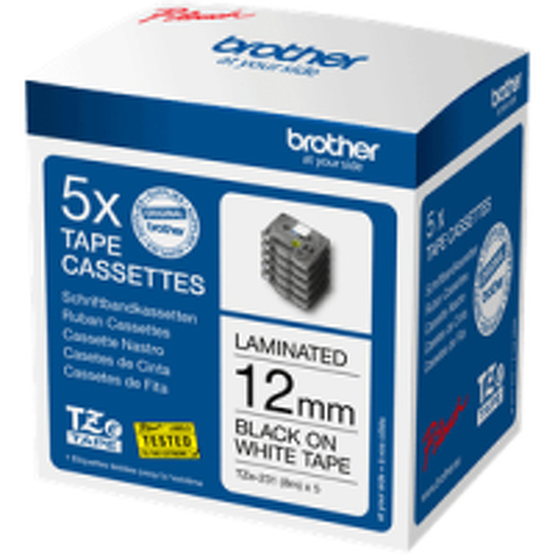 Pack múltiplo de fitas para etiquetagem - A embalagem contém 5 fitas laminadas de texto preto sobre fundo branco (12 mm x 8 m) - Brother TZe231M5