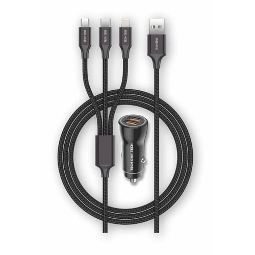 Carregador para automóvel TechOneTech 2x USB-A + 3 em 1 MicroUSB, Lightning e USB-C - Preto - TechOneTech 228687