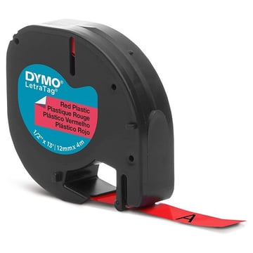 Dymo LetraTag S0721630 Cinta de Etiquetas Original para Rotuladora - Texto negro sobre fondo rojo - Ancho 12mm x 4 metros (91203) - Dymo S0721630