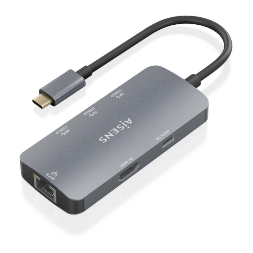Base de ligação USB-C 6 em 1 da Aisens - USB-C para 1xHDMI - 1xRJ45 - 3xUSB-A - 1xUSB-C PD - 15 cm - Cor cinzenta - Aisens 294337