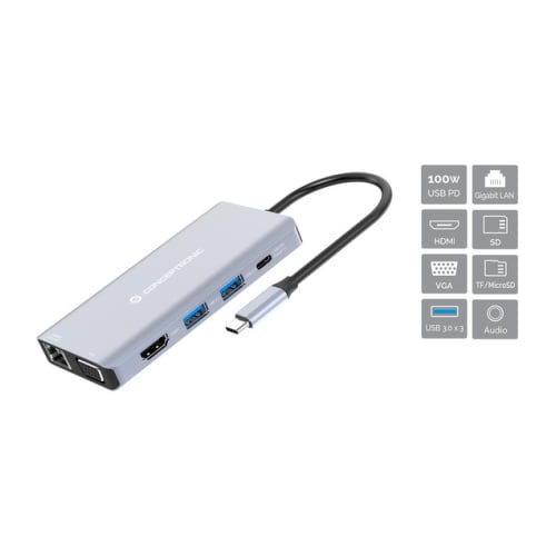 DONN20G 10-in-1 USB 3.2 Gen 1 Docking Station, HDMI, VGA, USB-A 5Gbps, USB-C 5Gbps, SD, TF/MicroSD, Audio, GbE LAN, 100W USB PD - Conceptronic DONN20G
