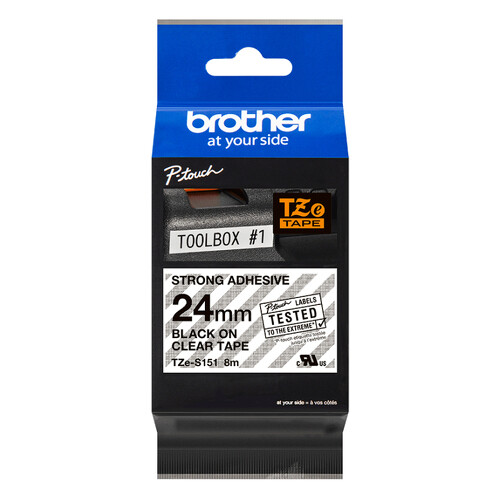 Fita laminada super adesiva. Texto preto sobre fundo transparente. Largura: 24 mm. Comprimento: 8 m - Brother TZeS151