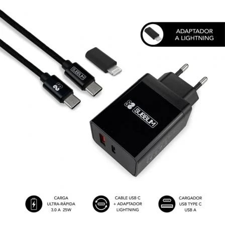 Carregador doméstico de 2 portas Subblim - 25W - Carregamento rápido PD 3.0/2.0/Quick Charge 3.0 4.0 2.0 - Cabo USB C reversível - Preto - Subblim 234497