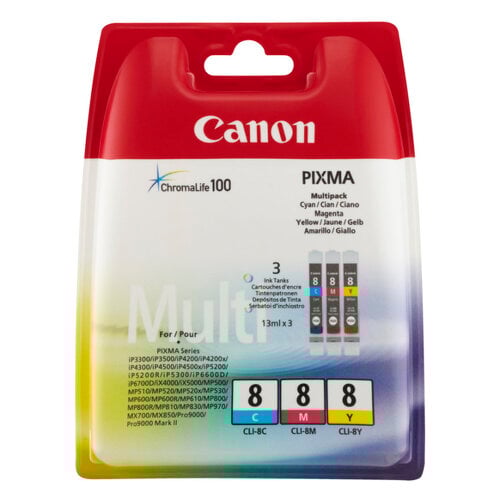 Pacote de 3 cartuchos de tinta originais Canon CLI8 - Ciano, Magenta, Amarelo - 0621B029 - Canon 0621B029