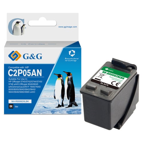 Cartucho de tinta preto remanufaturado G&G HP 62XL - substitui C2P04AE/C2P05AE - HP GG-62XLBK