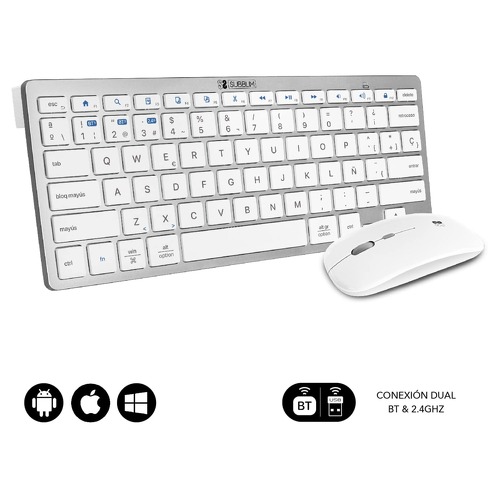 Subblim Combo Multi-Device Compact - Conectividade Multi-Device sem fios - Compatível com Windows, Android, Ios e Macos - Controlo Multimédia - Teclado Inglês - Branco - Subblim 234232